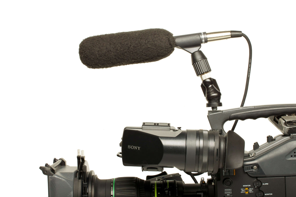 Sony camera with microphone setup, featuring a windscreen for enhanced audio recording quality.