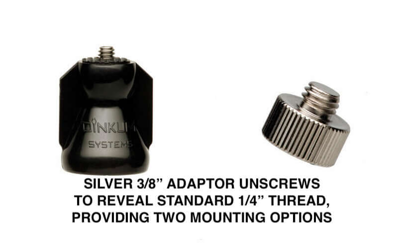 Dinkum Systems® adaptor showcasing 3/8" unscrewing to reveal 1/4" thread for versatile camera mounting options.