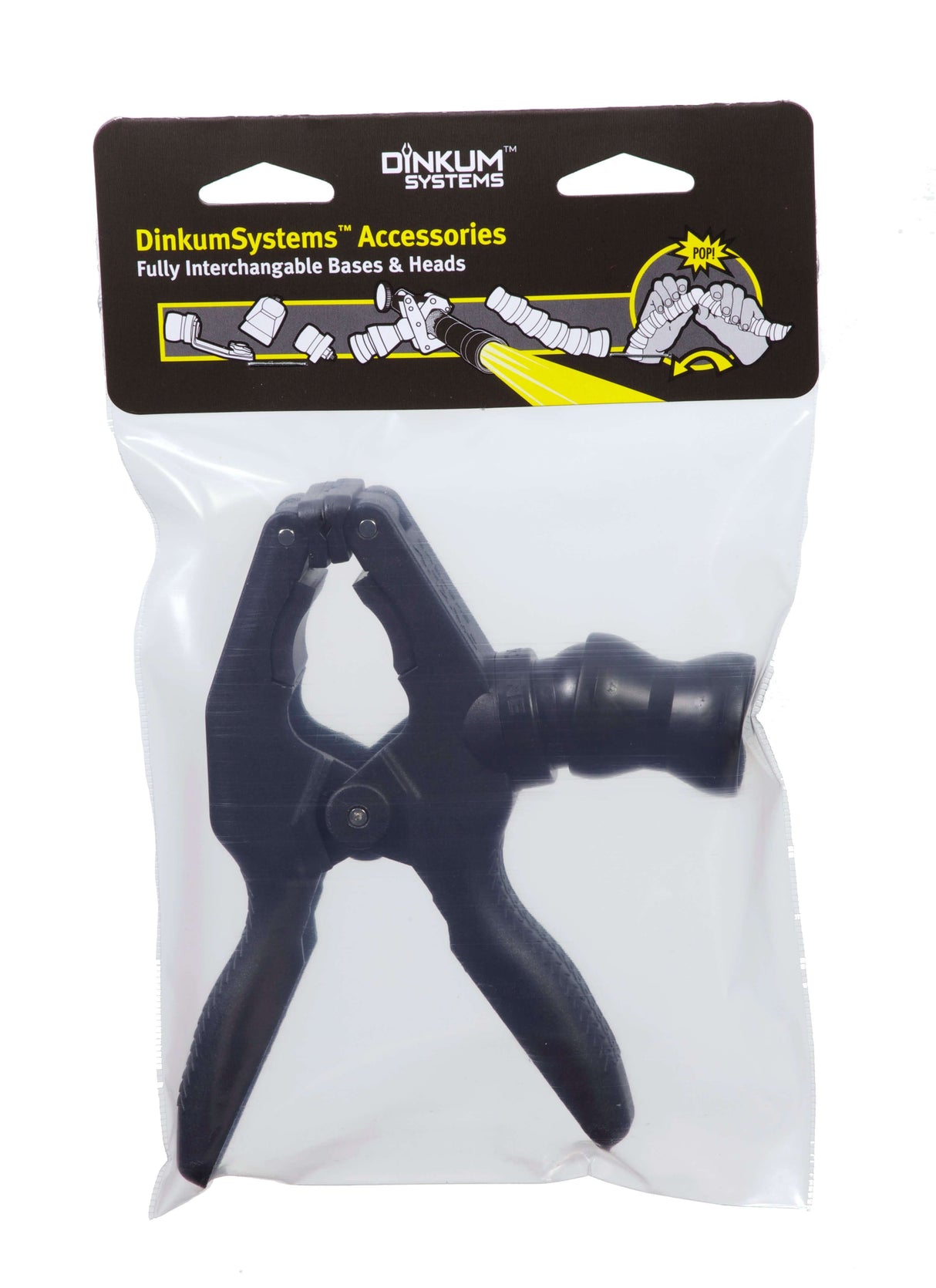 Dinkum Systems 2" clamping top, versatile accessory for camera mounts and lens shades in clear packaging.