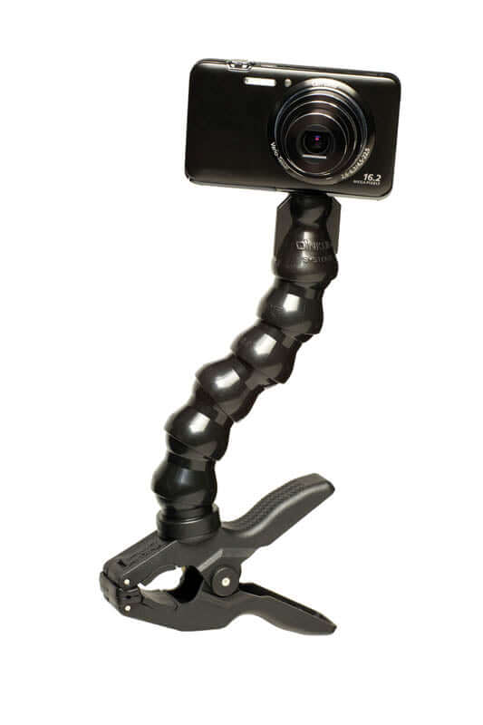 ActionPod® clamping monopod with adjustable arm, holding a camera, ideal for quick and stable mounting solutions.