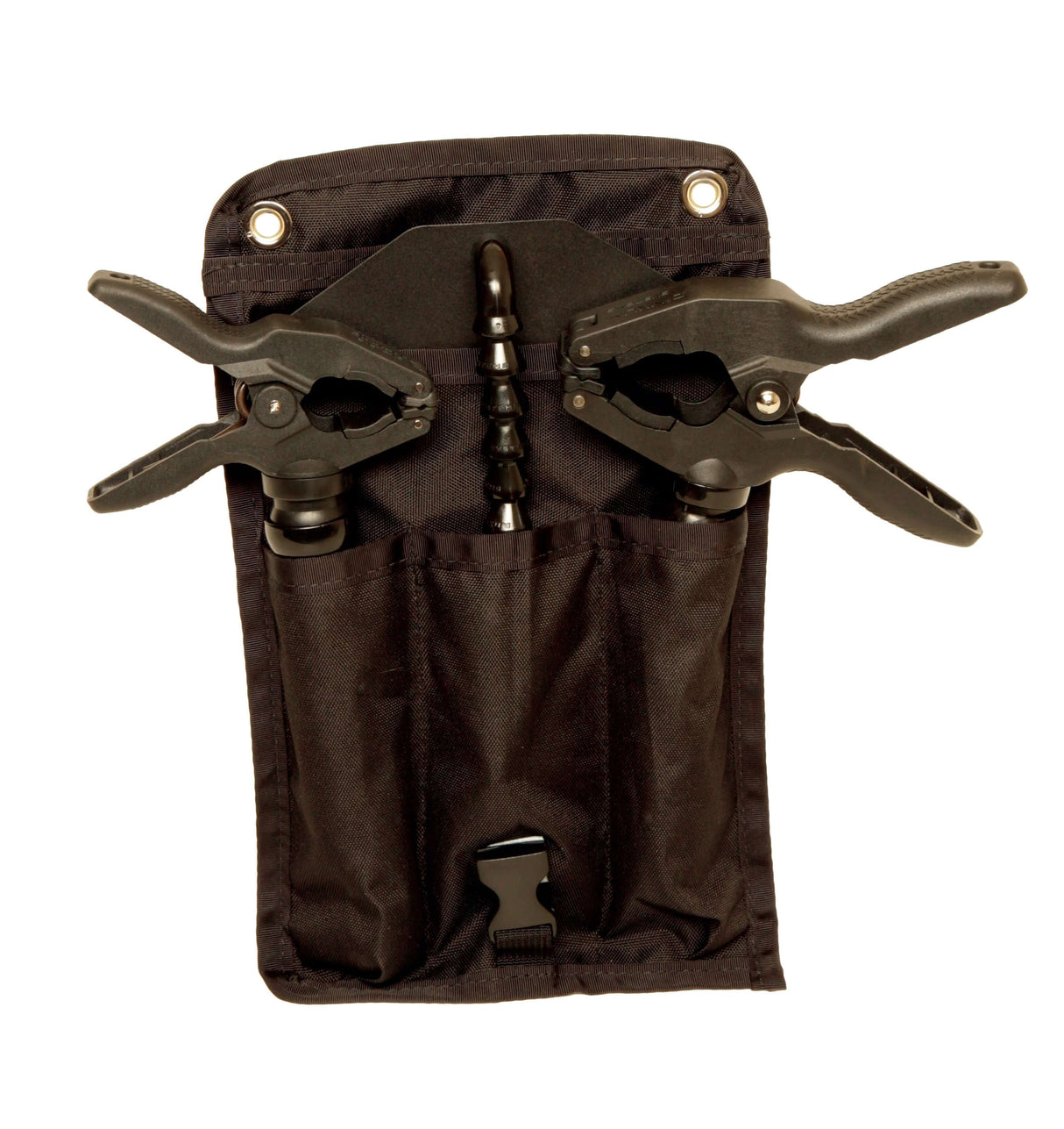 Black carrying pouch with two clamps and a tool holder for DSLR accessory organization.