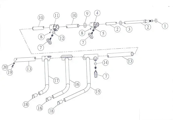 Exploded diagram of a plumbing assembly with numbered components and connecting pipes.