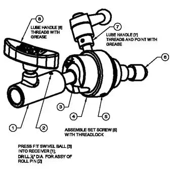 Diagram of swivel ball assembly with labeled parts and instructions for lubrication and setup.