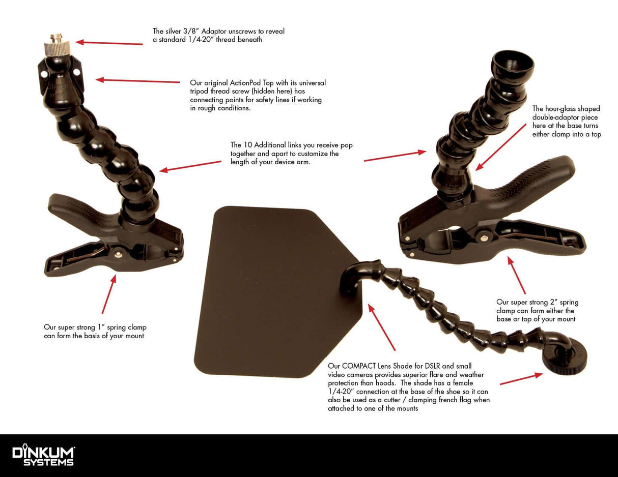 Components of Dinkum Systems DSLR ProPack, featuring clamps and a compact lens shade for versatile camera setups.
