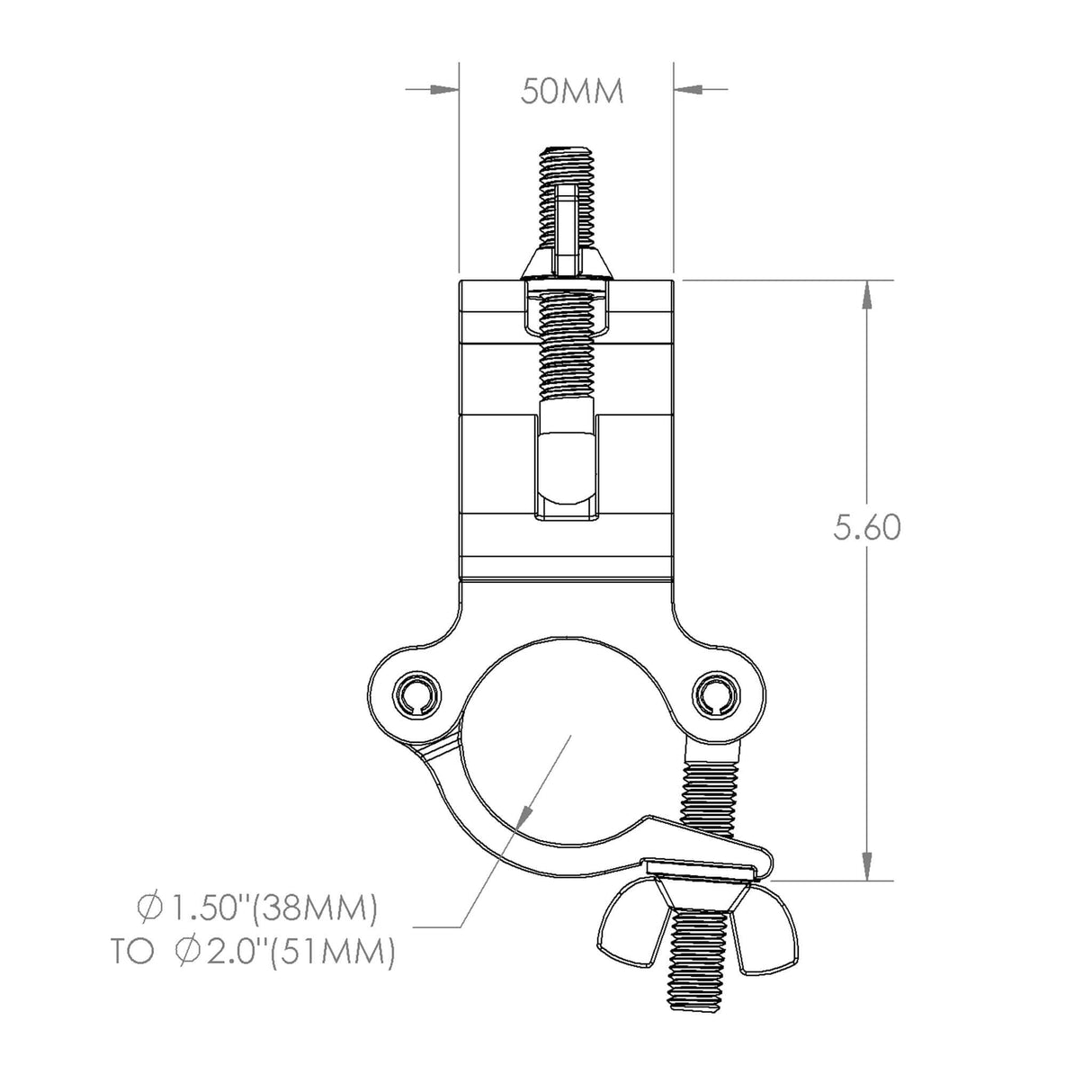 Detailed diagram of Aluminum Grid Clamps showcasing dimensions for precise rigging and installation.