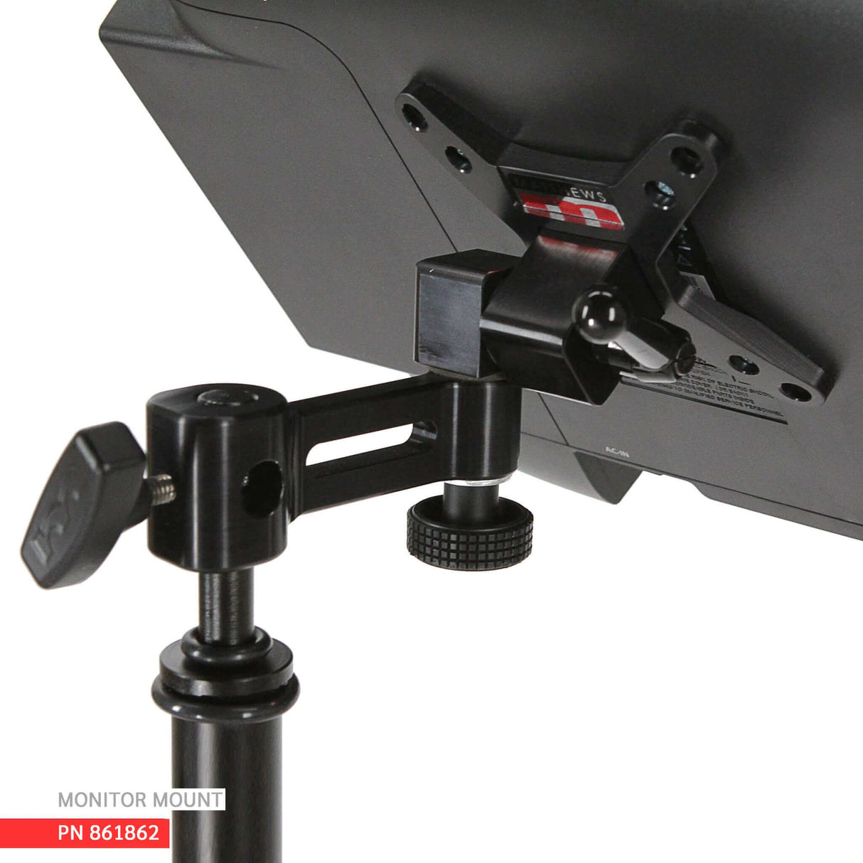 Close-up of the Monitor Mount 200mm VESA Adapter attached to a light stand, supporting a monitor at various angles.