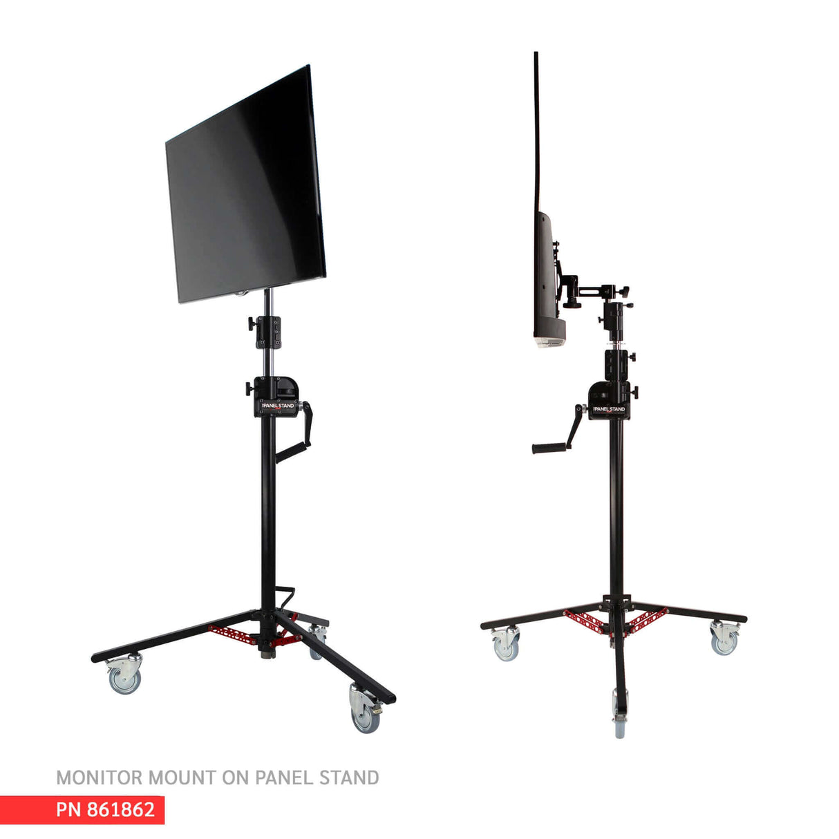 Monitor Mount 200mm VESA Adapter on a mobile panel stand with wheels for portability.