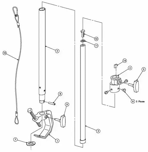Exploded view diagram of a vertical mounting pole with components, showing detailed assembly parts and numbering for setup.