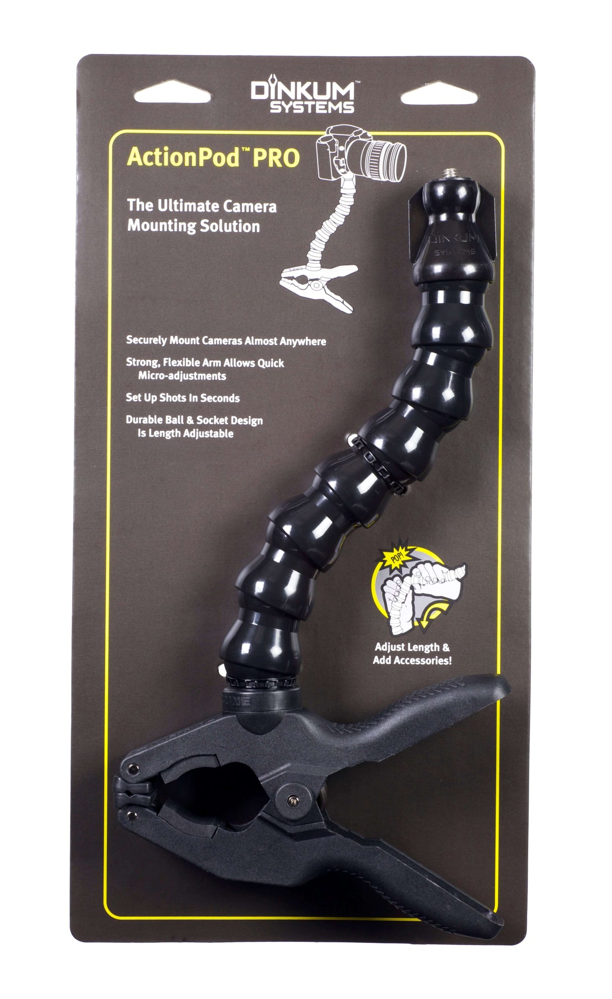 ActionPod® PRO camera mount with flexible arm and strong clamp for DSLR and action cameras.