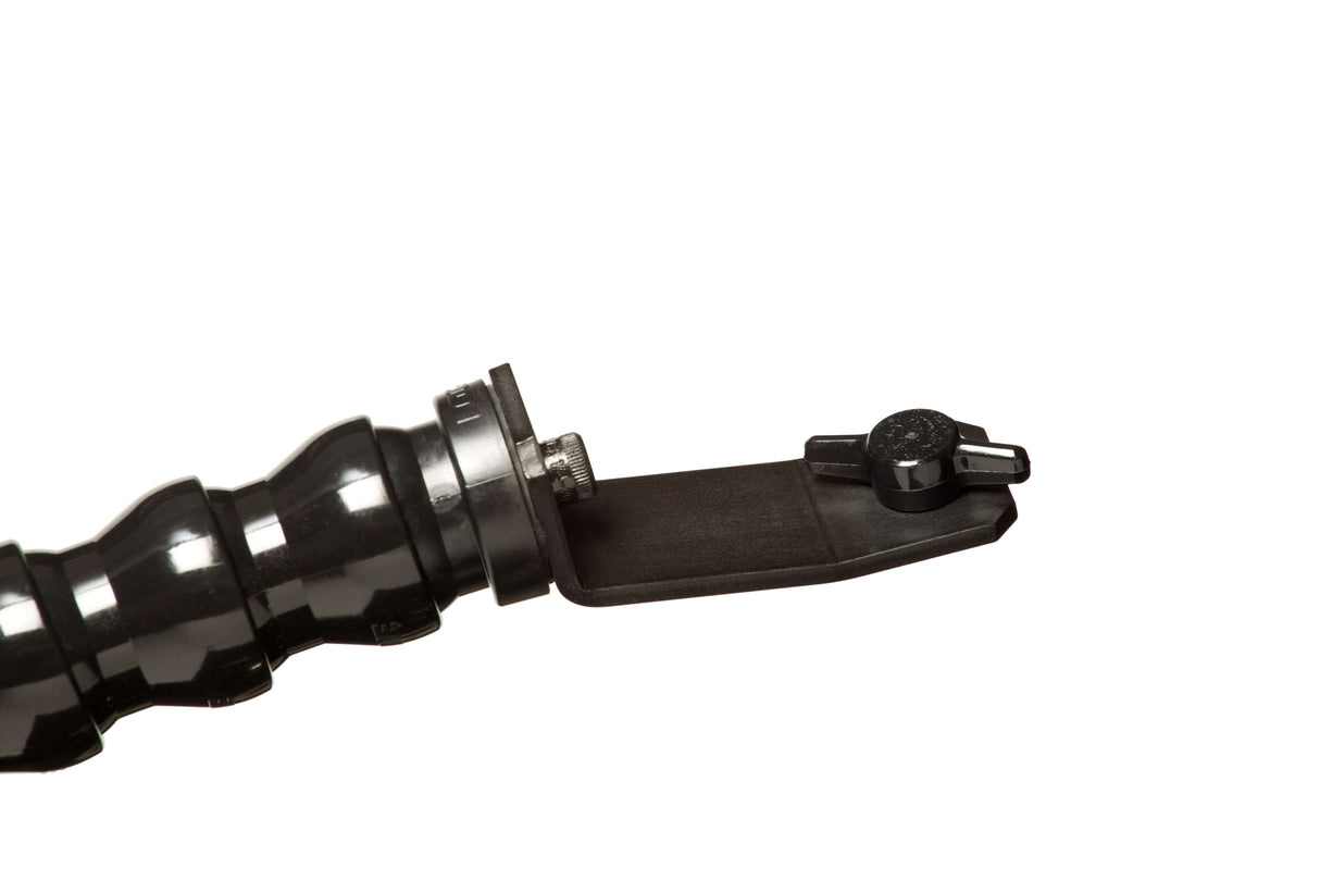 Close-up of Dinkum Systems PRO™ Fixed Base Mount Lens Shade attachment, showcasing its sturdy design.