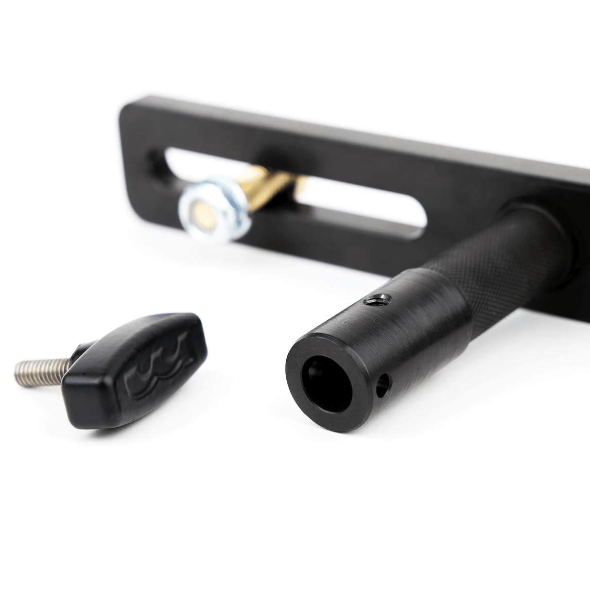 Moving Light Stand Adapter “Cotone Mount” showcasing dual-slotted plate and knurled pin for secure light mounting.