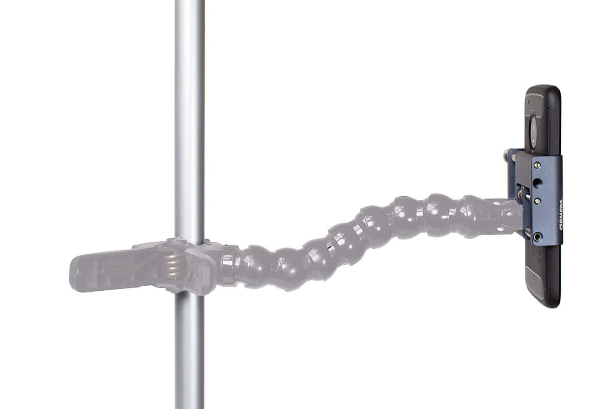 Dinkum Systems Phone Grip attached to a pole, showcasing flexible arm for steady viewing of devices.