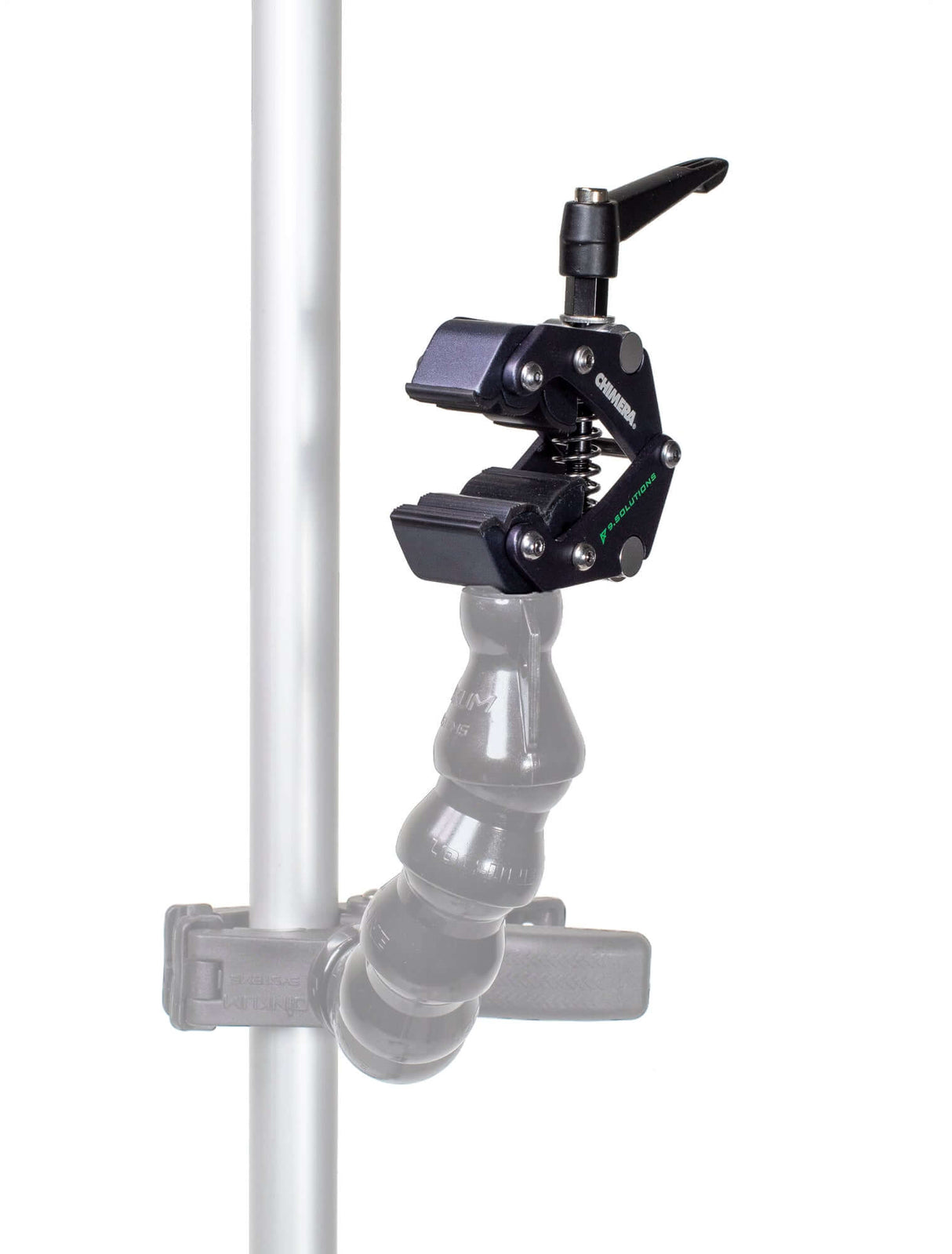 Dinkum Systems Savior Clamp mounted on a flexible arm, showcasing strong spring clamp design for versatile applications.