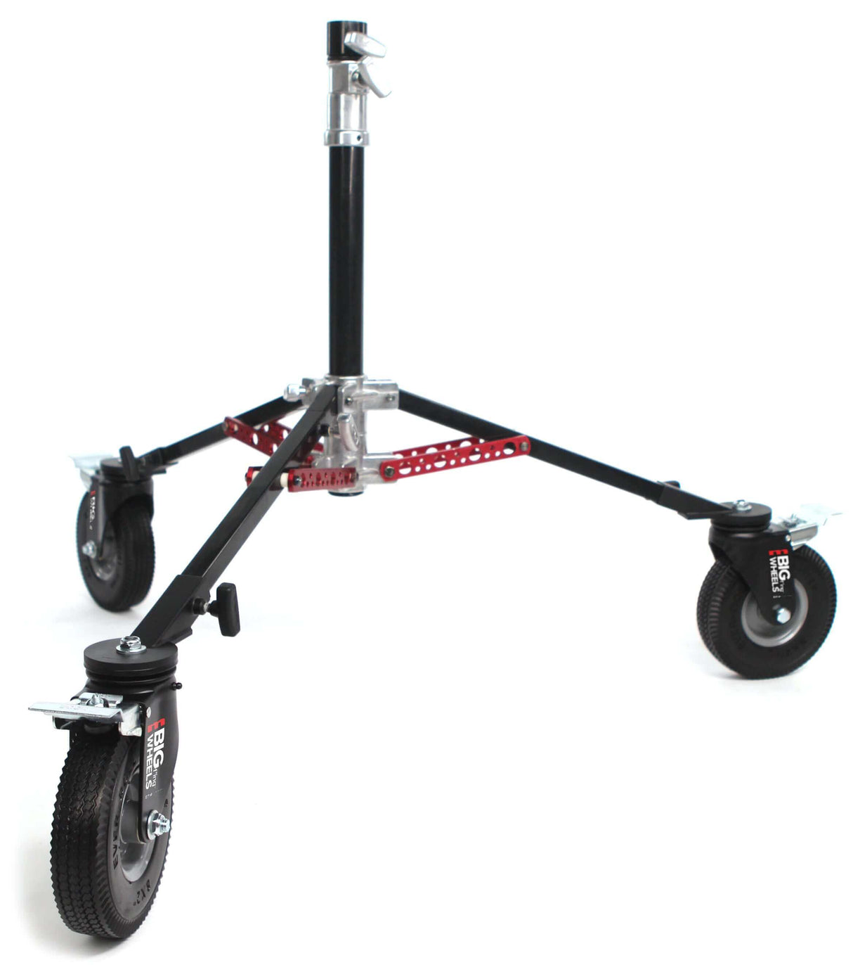 Big F’ing™ Monitor Wheel Set on a tripod stand showcasing durable foam tires for smooth movement in videography.