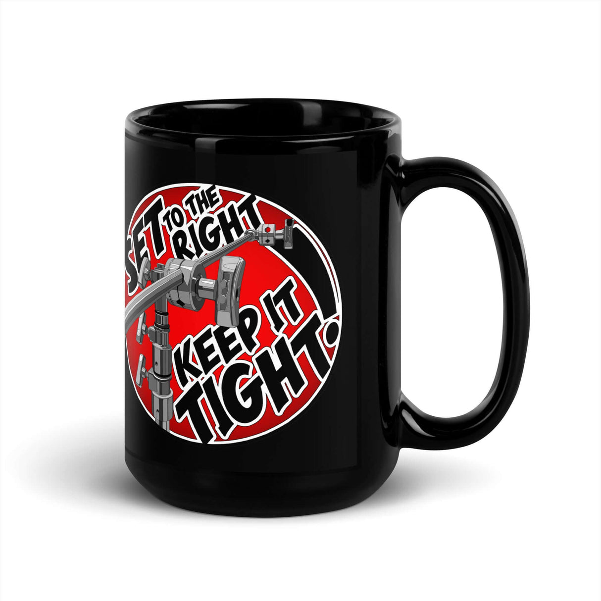 MSE Grip Head Mug 15oz with bold grip head design and motto 'SET to the right, KEEP it TIGHT' for film enthusiasts.