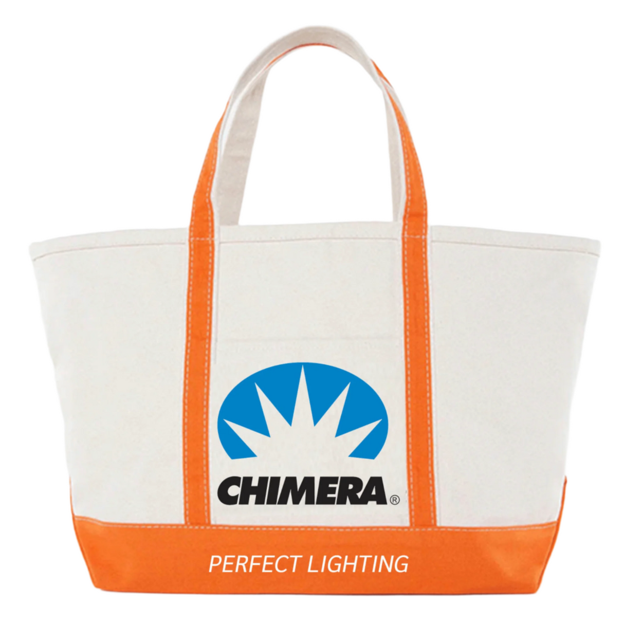 High quality canvas tote bag with Chimera logo, orange handles, dimensions 15" x 5" x 14".