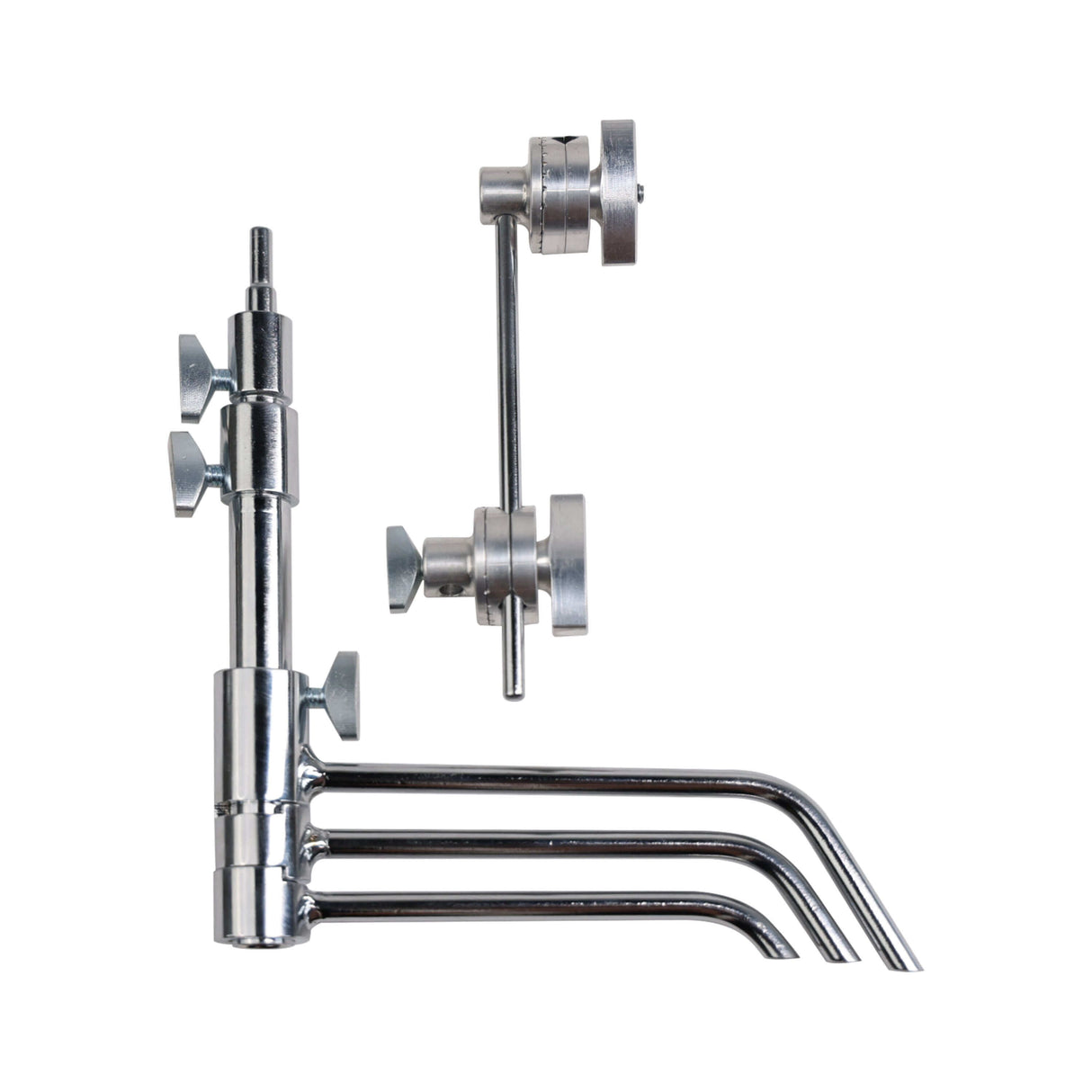 Matthews 5" Pocket C-Stand components showcasing chrome finish and adjustable arms for photography support.