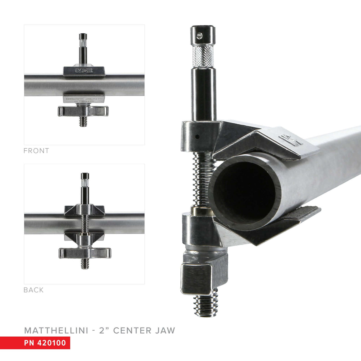 Matthellini 2" Center Jaw clamp showing front and back views, designed for versatile and secure mounting solutions.