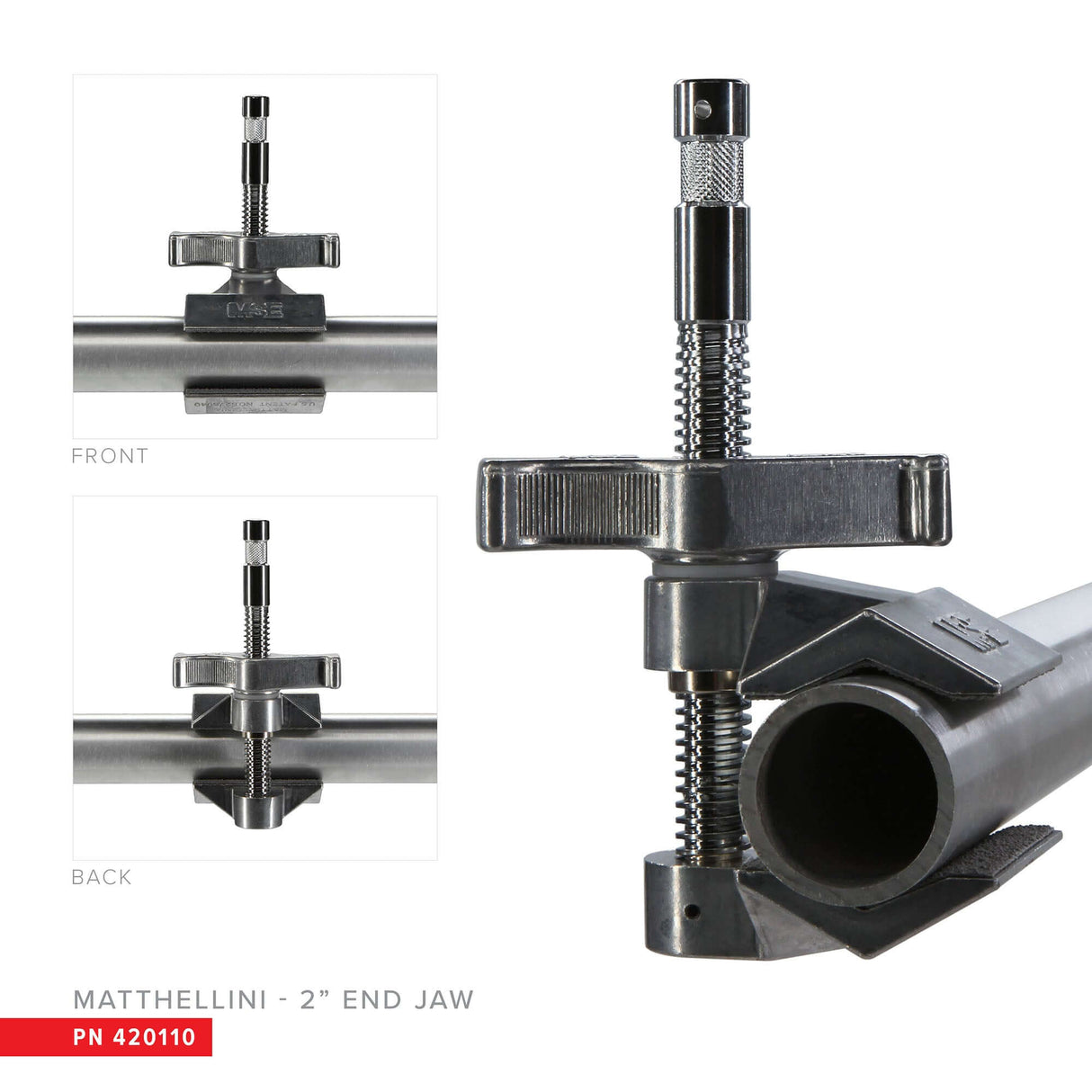 Matthellini 2" End Jaw Mounting Clamp for stable support in photography setups, showcasing front and back views.