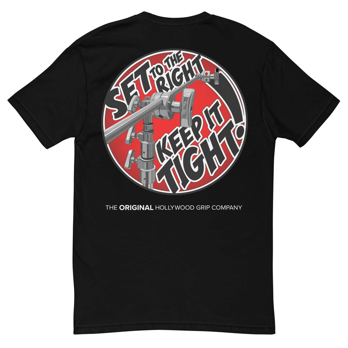 Back of MSE Grip Head Shirt featuring grip head graphic and motto 'SET to the Right, Keep it Tight'.