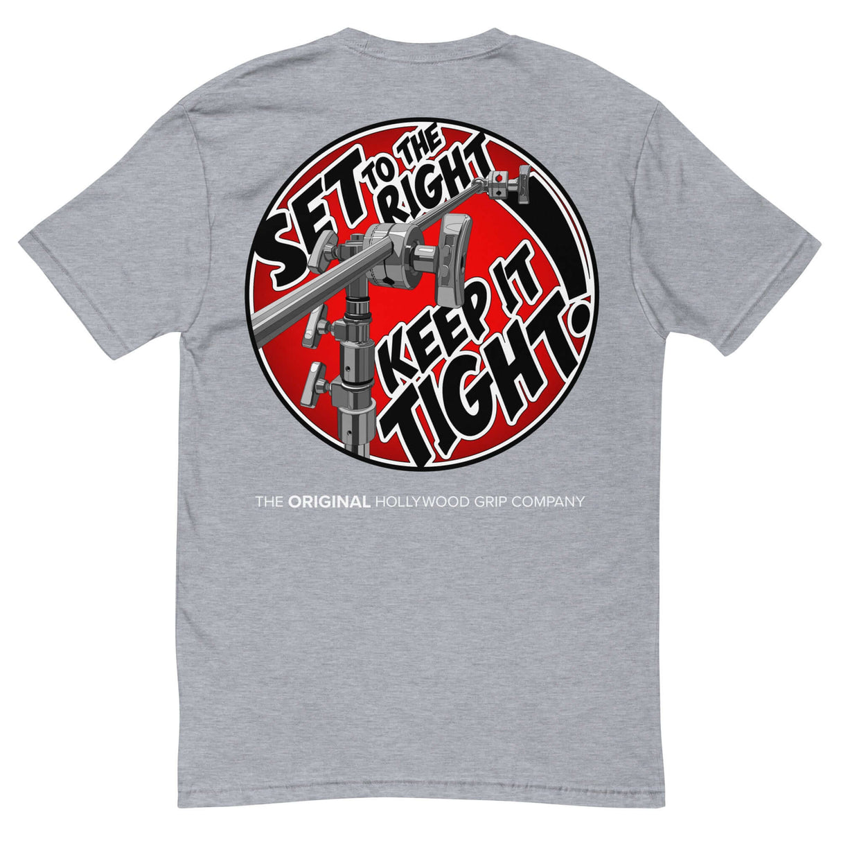 MSE Grip Head Shirt featuring bold graphic and motto 'SET to the Right, Keep it Tight' for film professionals.