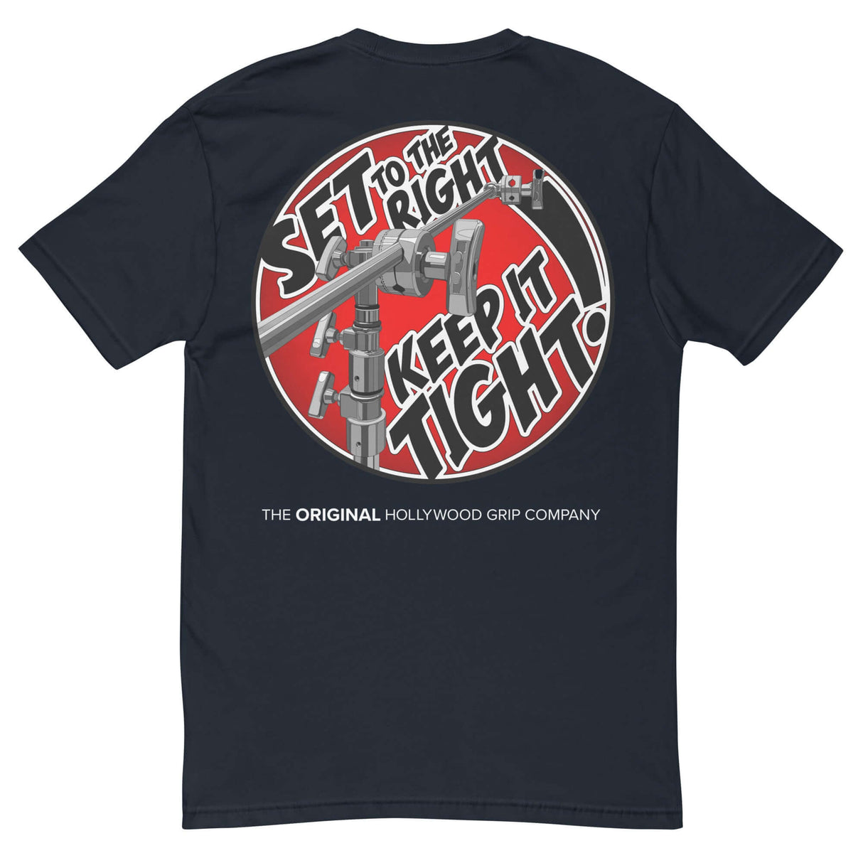 MSE Grip Head Shirt featuring grip head graphic and motto 'SET to the Right, Keep it Tight' for film professionals.