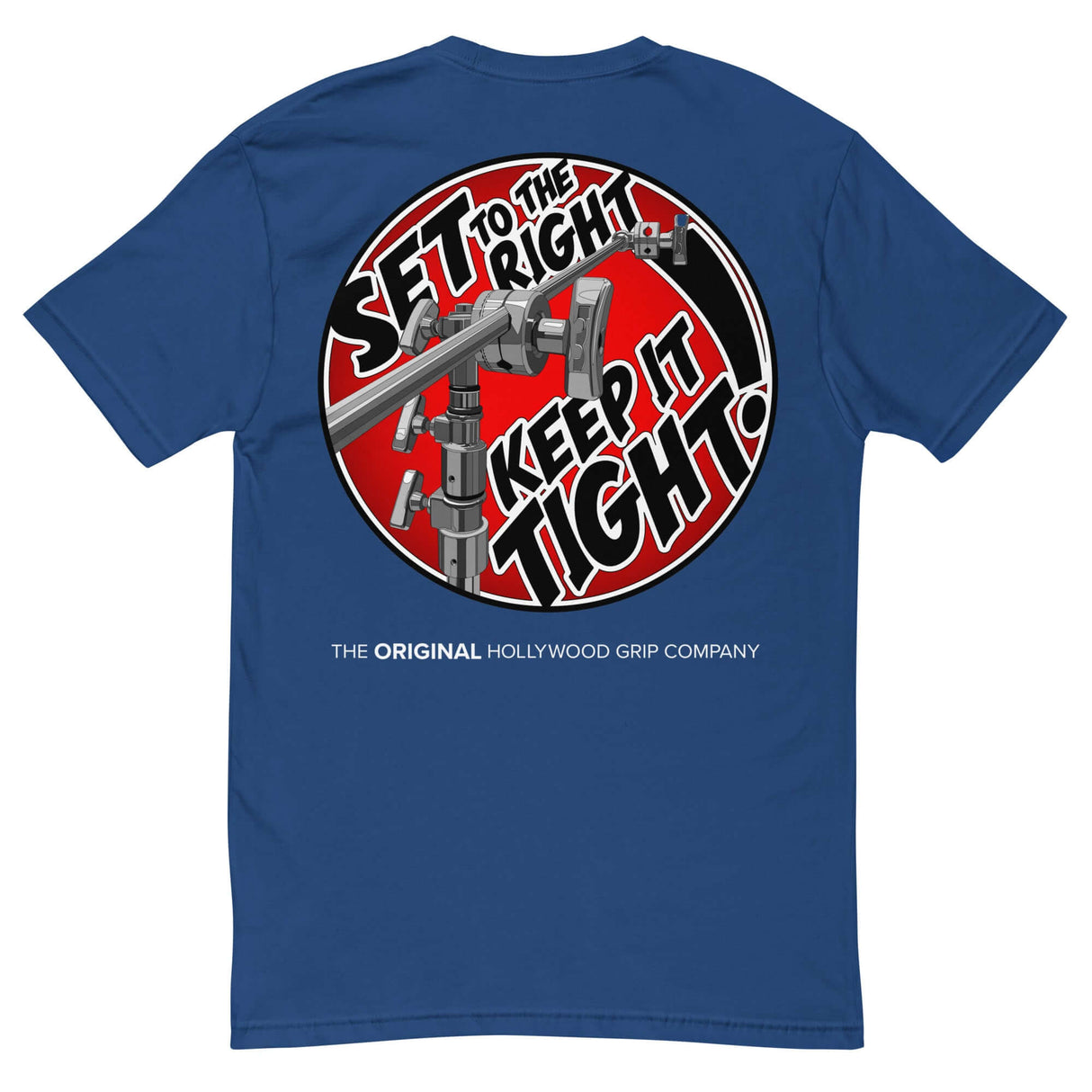MSE Grip Head Shirt featuring bold graphic 'SET to the Right, Keep it Tight' for film industry professionals.