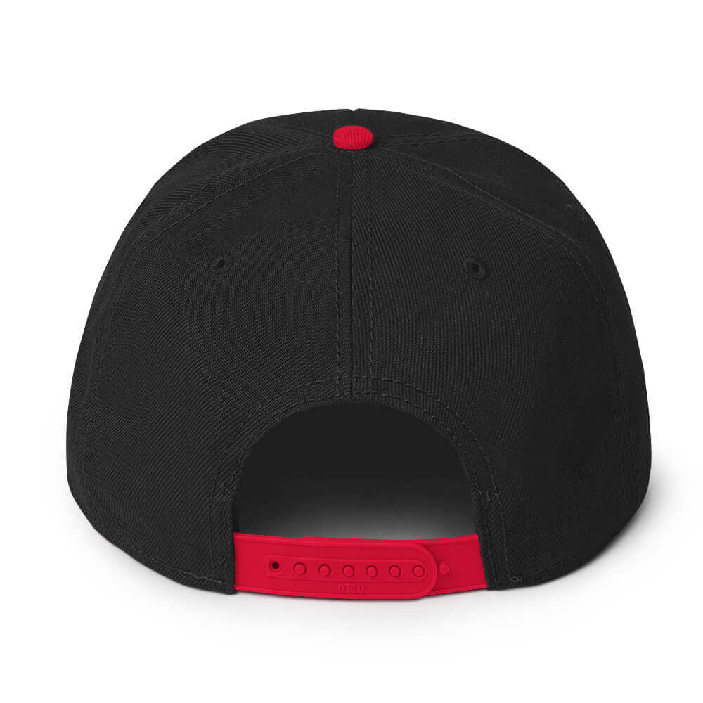 Back view of MSE Snapback Hat featuring a black body and red adjustable strap for a stylish look.