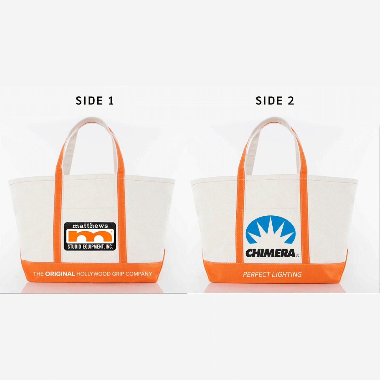 High quality canvas tote bag featuring Matthews logo on one side and Chimera logo on the other side, measuring 15" x 5" x 14".