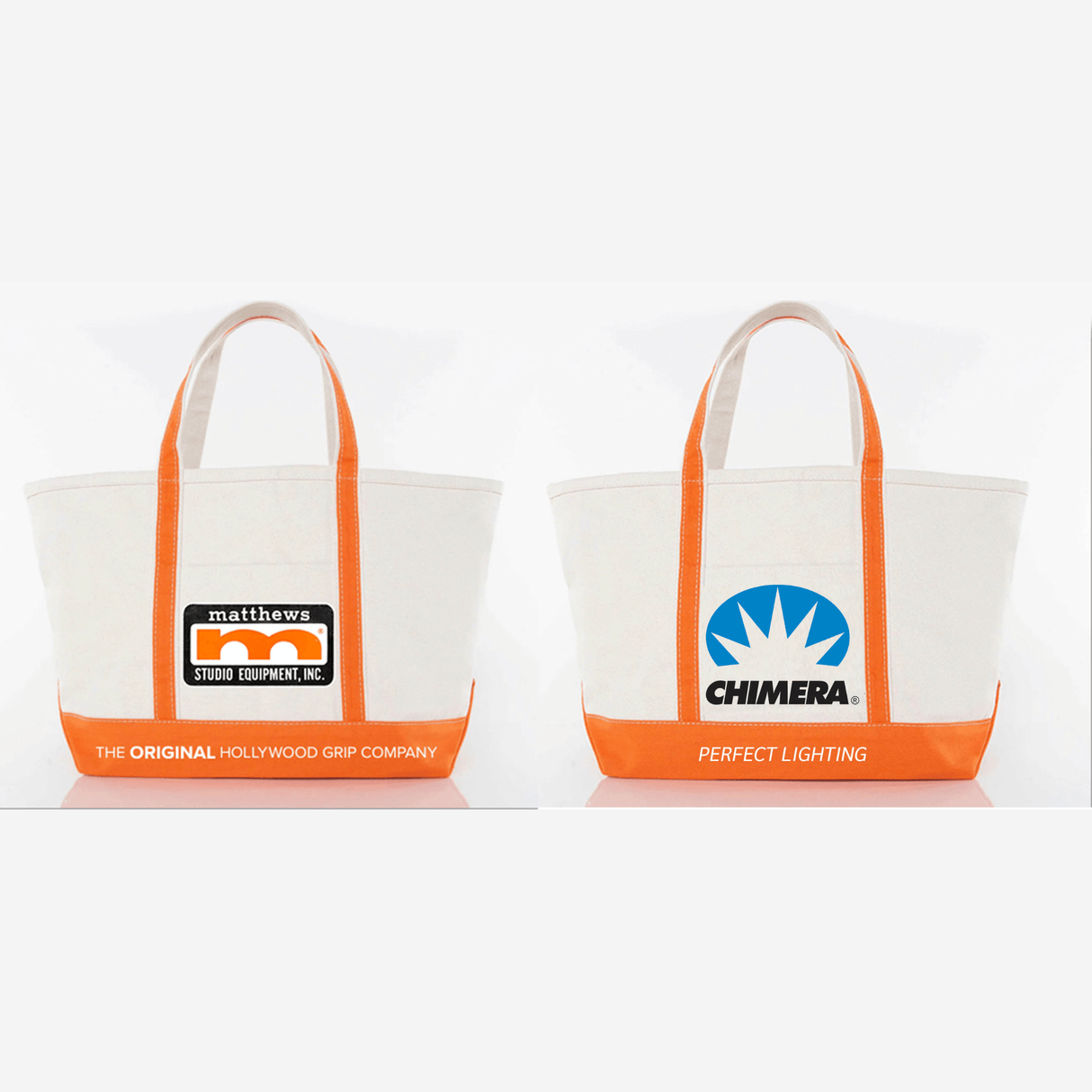 High quality canvas tote bag featuring Matthews and Chimera logos, measuring 15" x 5" x 14" with orange straps.