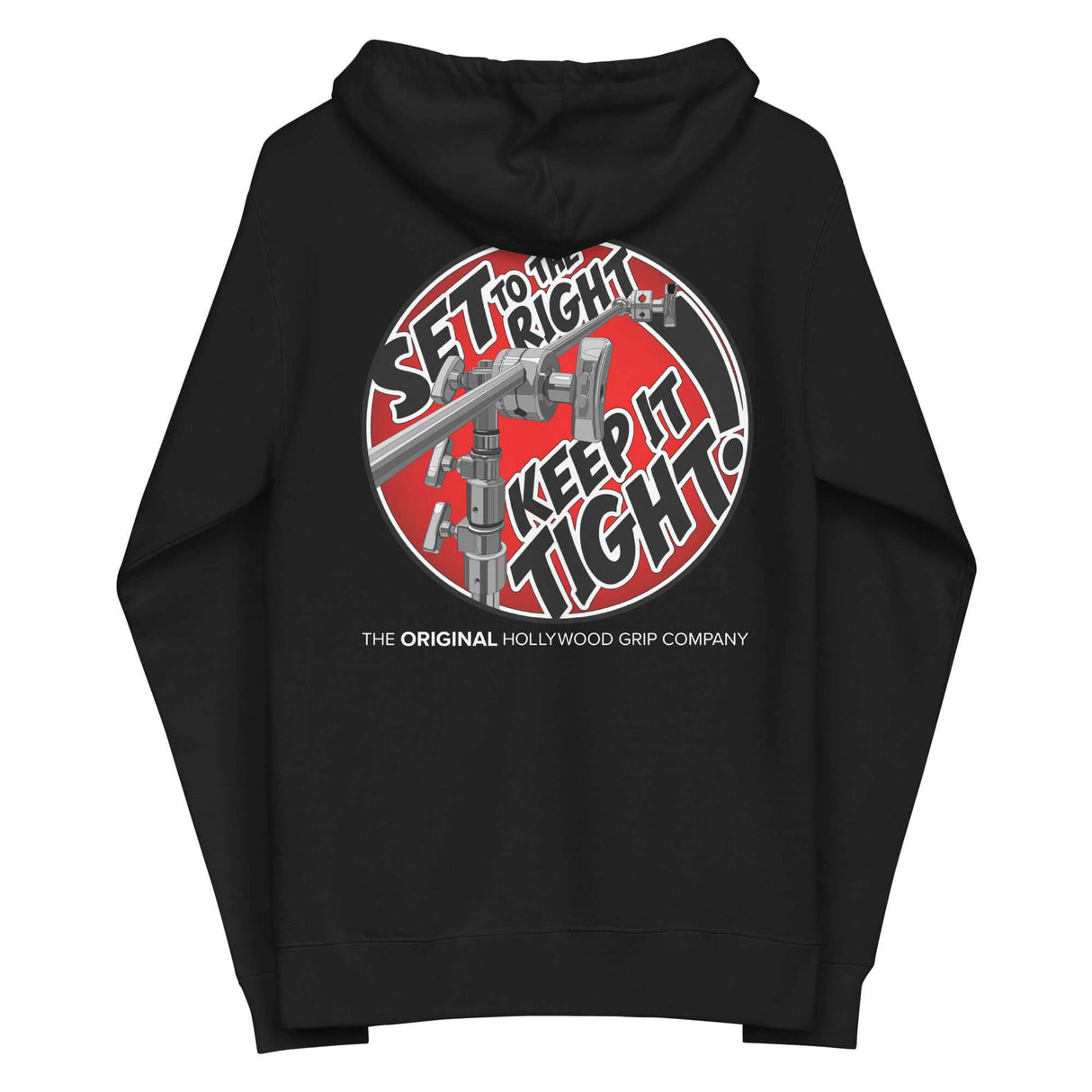 MSE Grip Head Zip-Up Hoodie with bold grip head design and 'SET to the Right, Keep it Tight' mantra, perfect for film professionals.