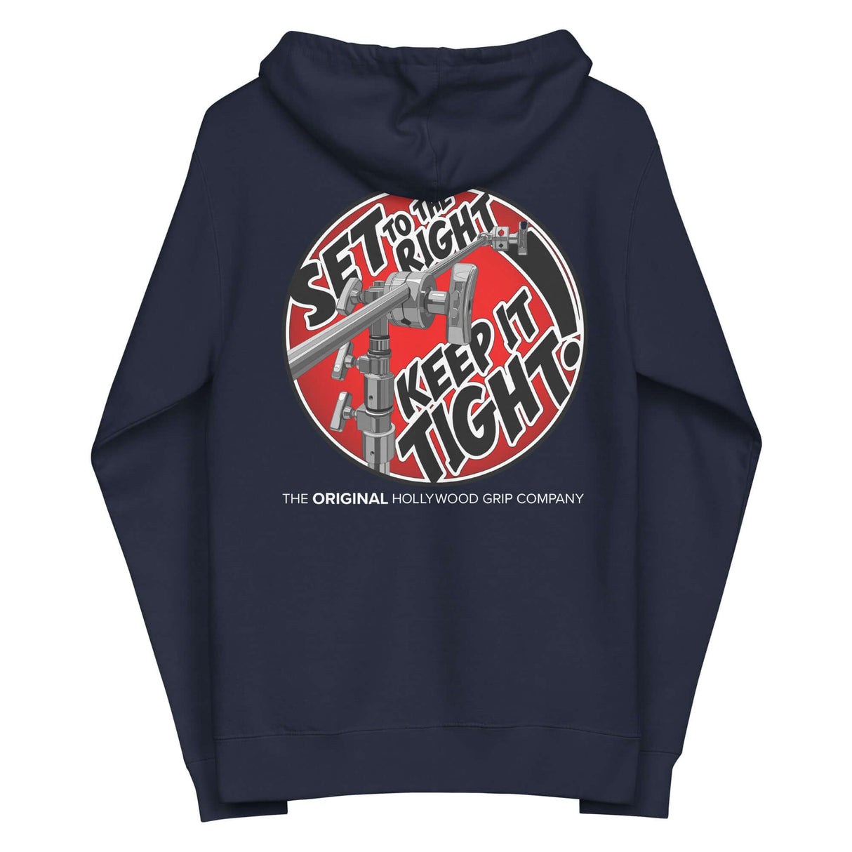 Back view of MSE Grip Head Zip Hoodie with bold graphics, 'SET to the right' and 'Keep it Tight' for film professionals.