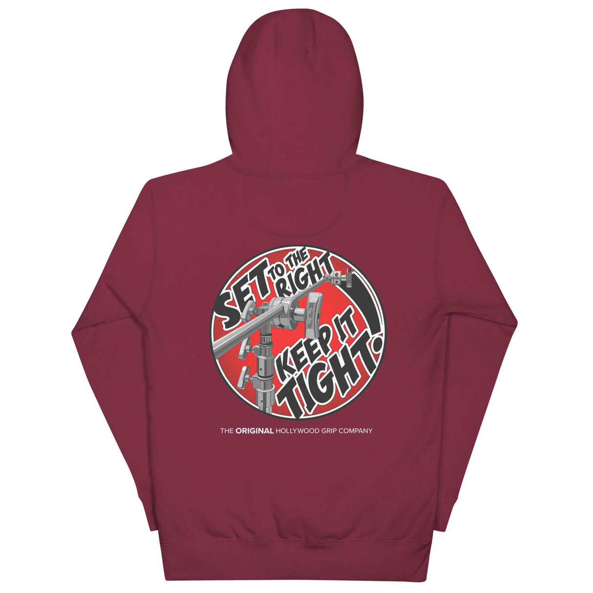 Maroon hoodie with "Set to the Right, Keep it Tight" design for film professionals by Matthews Grip Head.