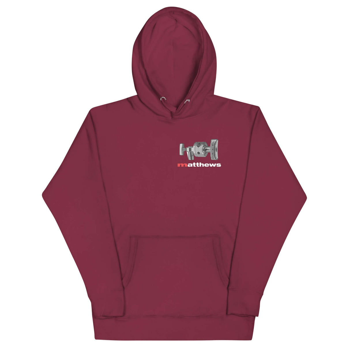 Matthews Grip Head Hoodie in maroon with a bold grip head design, perfect for film professionals.