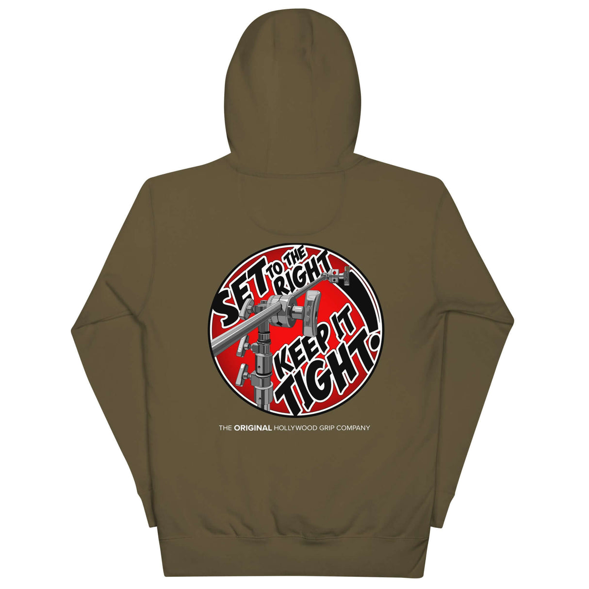 MSE Grip Head Hoodie back design featuring 'SET to the Right' and 'Keep it Tight' mantras for film professionals.
