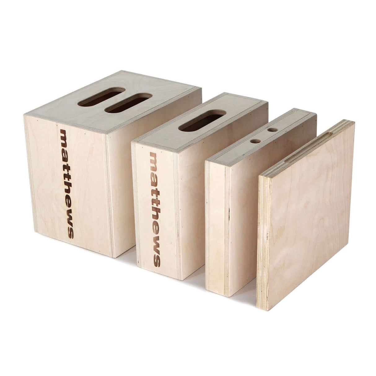 Set of four wooden apple boxes for propping, leveling, sitting, and standing, by Matthews. Includes full, half, quarter, and pancake sizes.