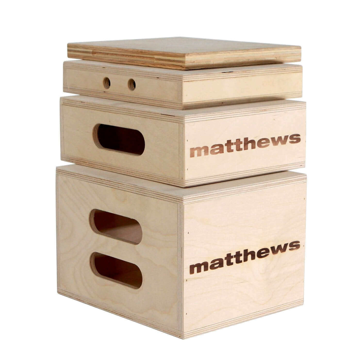 Stack of versatile wooden Apple Boxes for propping, leveling, sitting, or standing with different size options including full, half, quarter, and eighth.