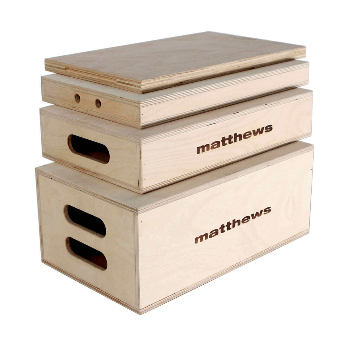 Stack of wooden Apple Boxes used for propping, leveling, sitting, or standing by Matthews.
