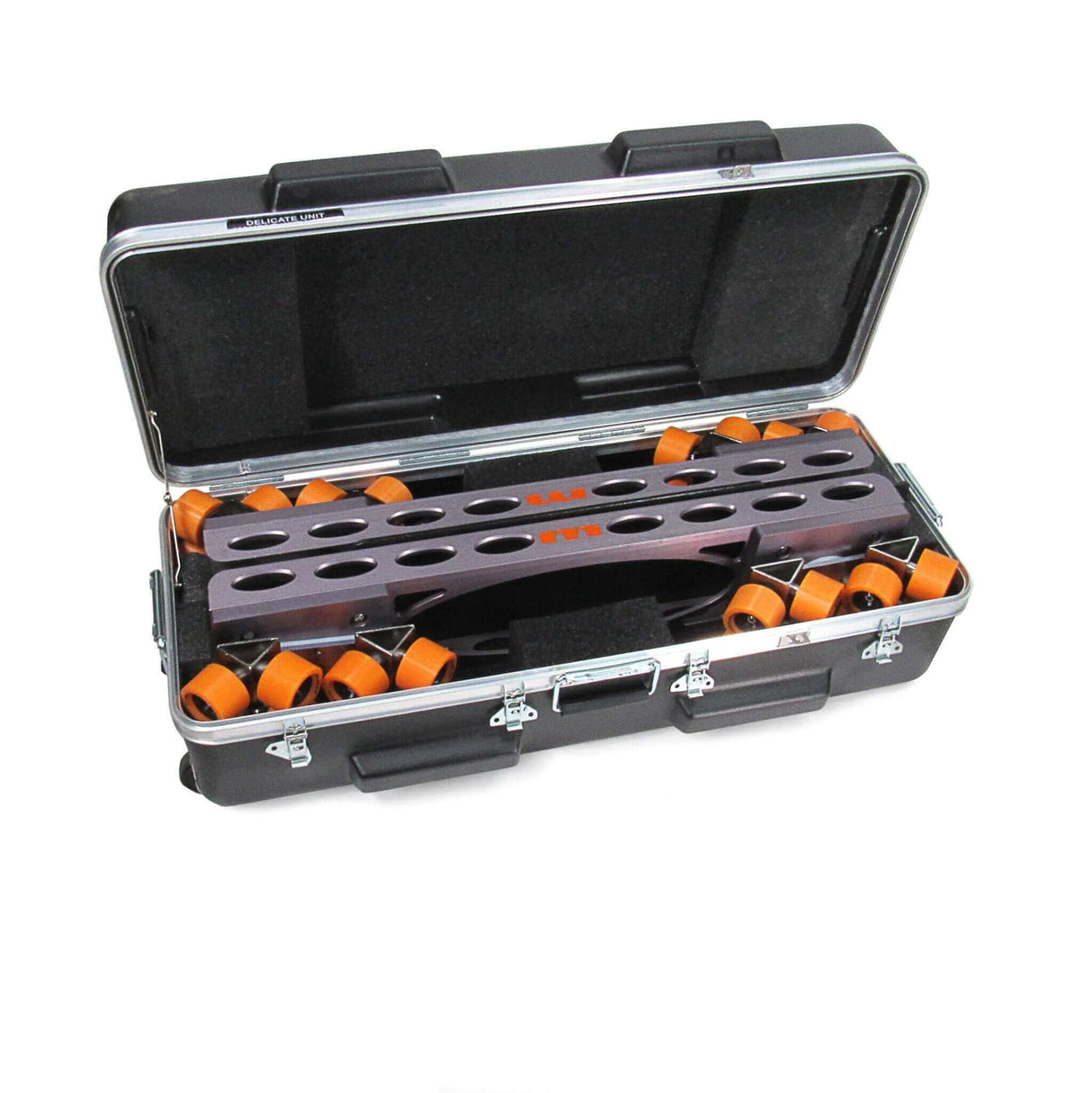 Centipede II Case open showcasing orange rollers and storage for Matthews Centipede II, sold separately.
