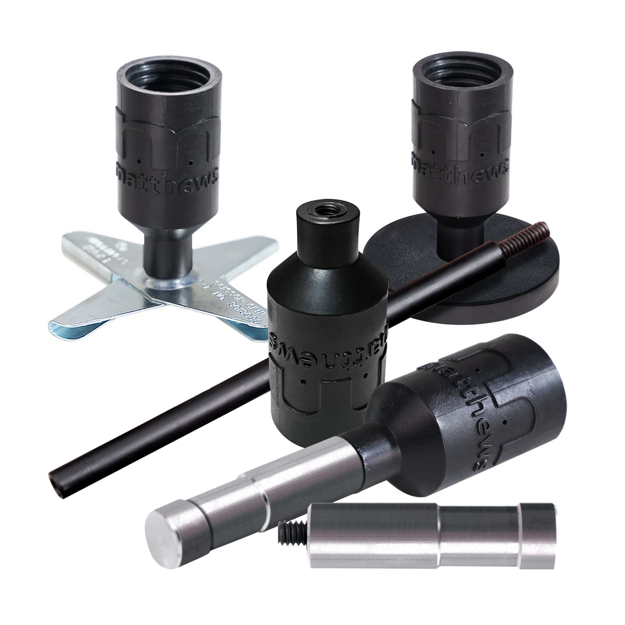 BM1® Bulb Mount Kit components including various mounting adapters and threaded pins for E26/E27 bulbs.