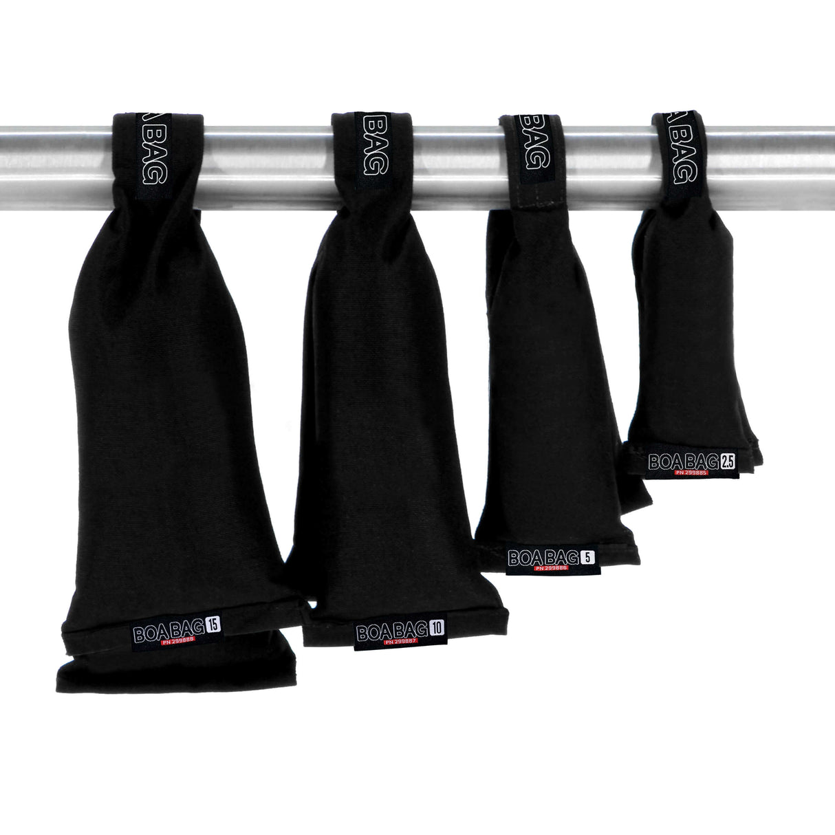 Four BOA BAGS in various sizes hanging on a rail, showcasing their versatility for grip equipment support.