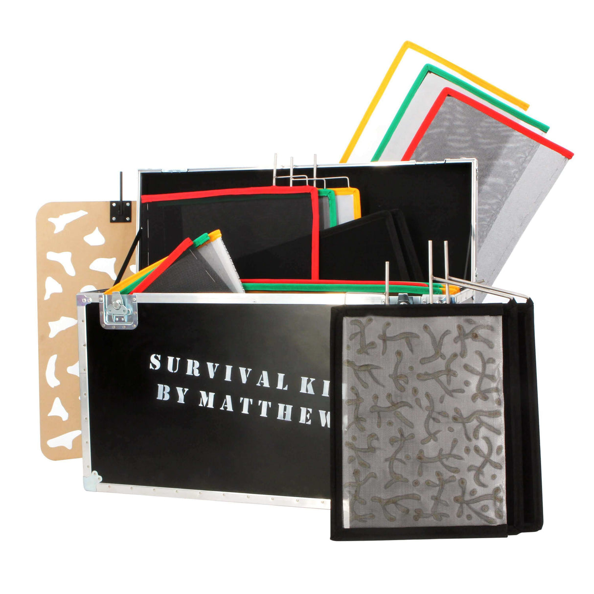 Combo Scrim Flag Survival Kit with various scrims, flags, and diffusers in a carrying case, ideal for photography and film use.