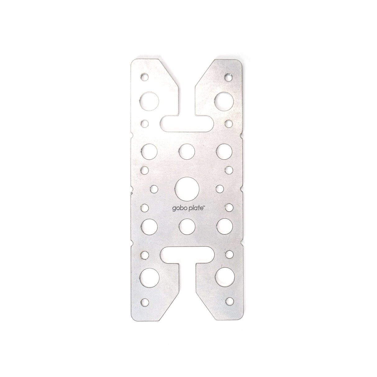 Gobo Plate mounting adapter with multiple holes for versatile camera and building material compatibility.