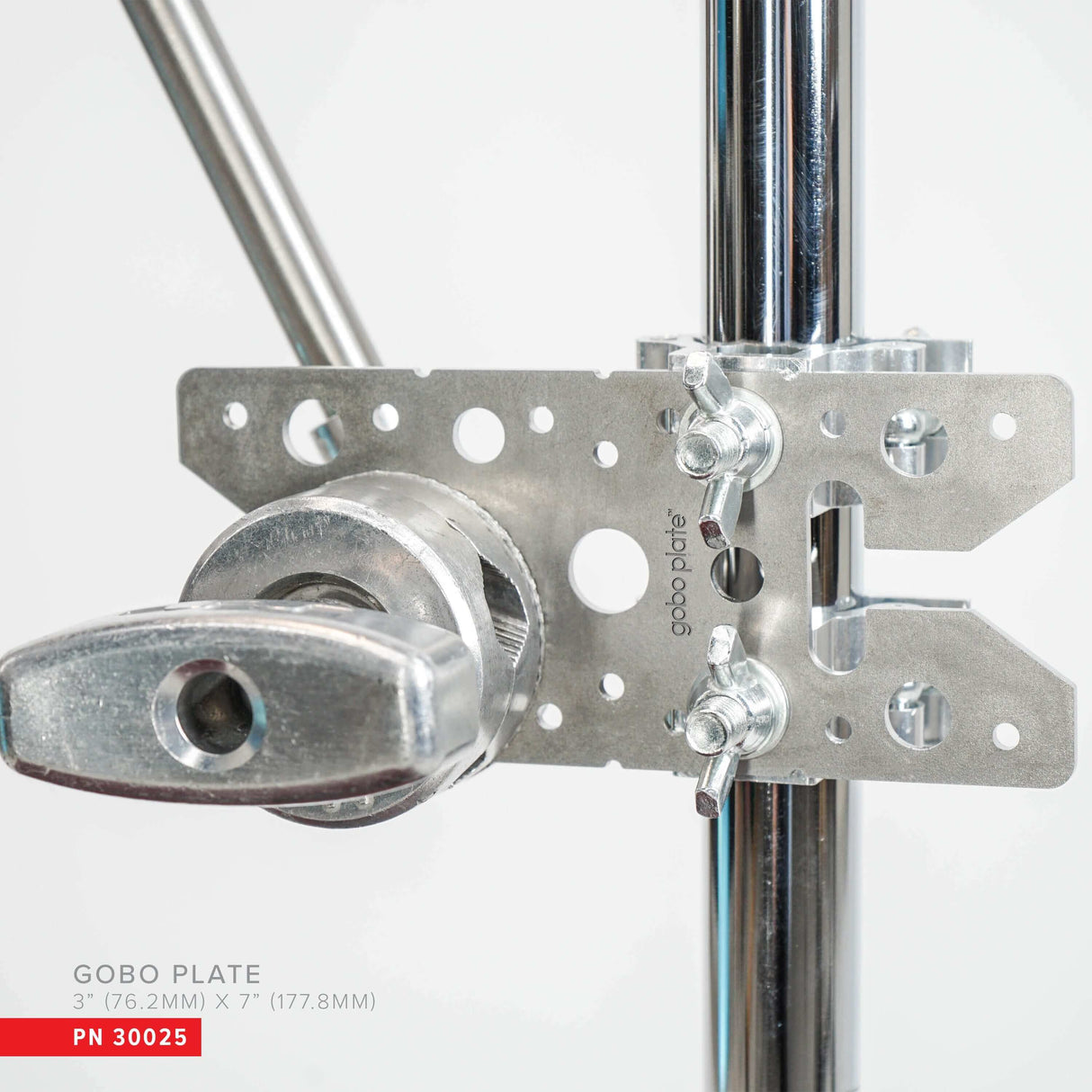 Gobo Plate mounting adapter with multiple holes for versatile camera equipment attachment on a grip stand.