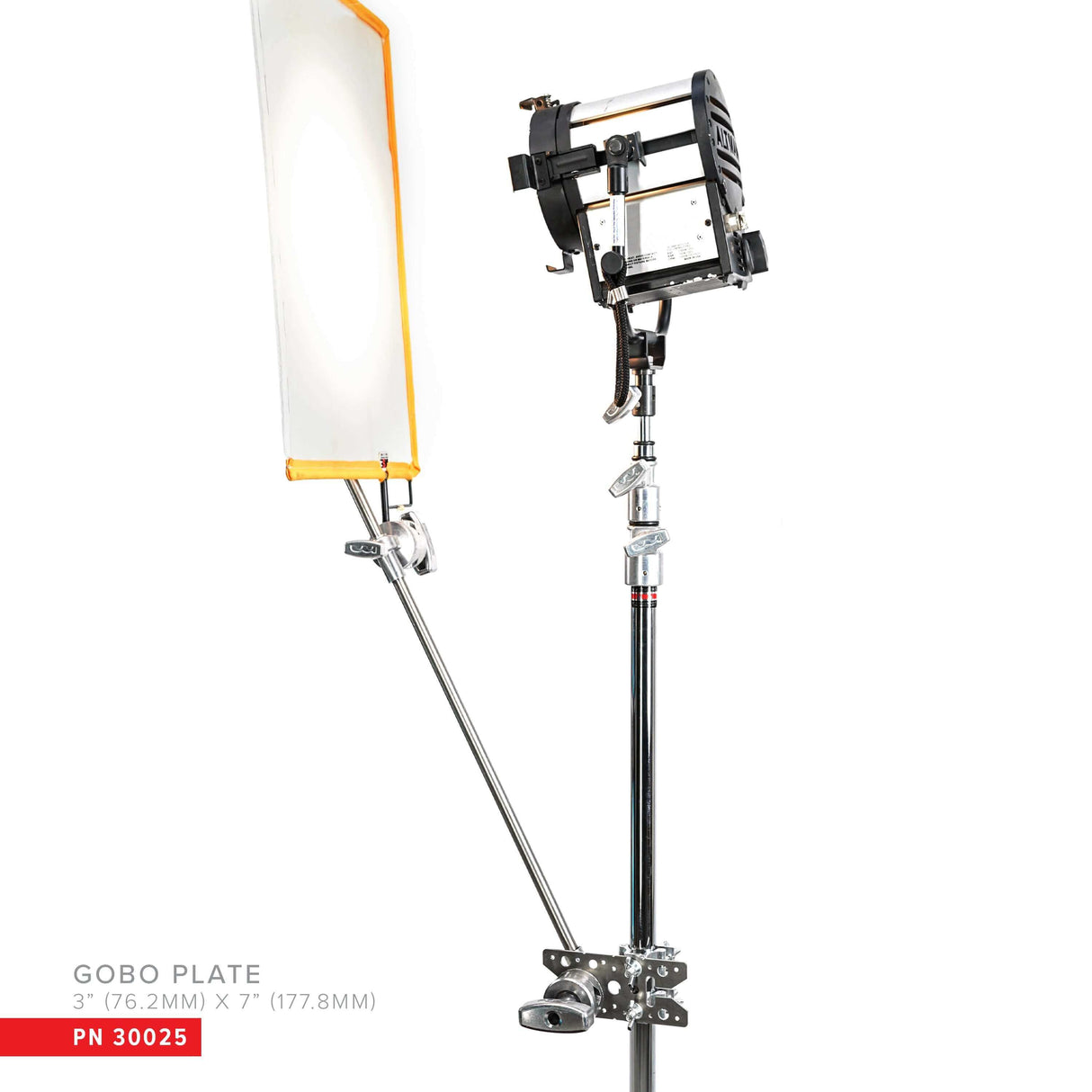 Gobo Plate mounted on stand, showcasing versatility for camera equipment and accessories with multiple attachment options.