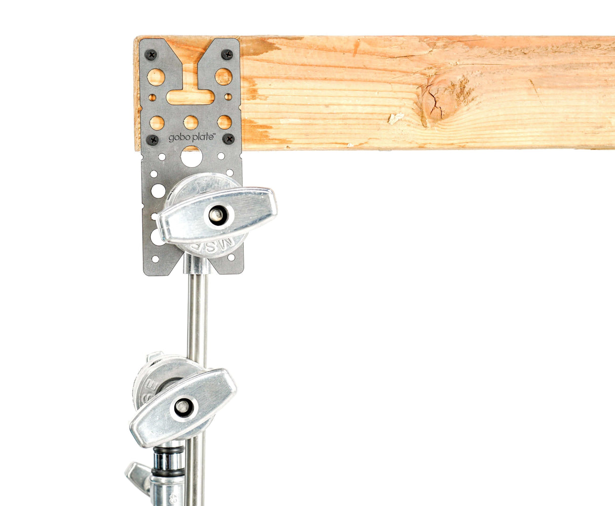 Gobo Plate mounted on a wooden beam, showcasing versatility for camera and equipment accessories.