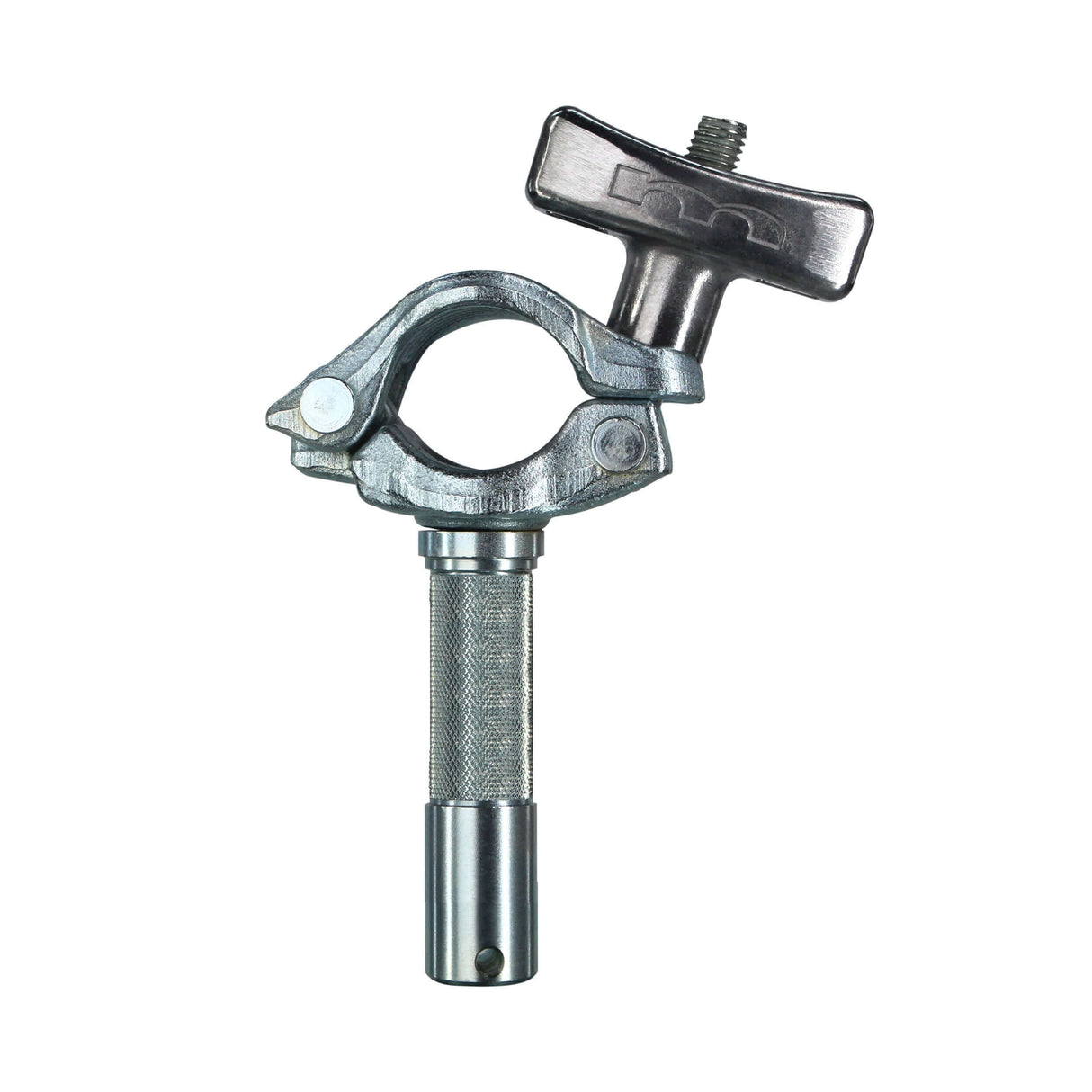 Big Ben Grid Clamp with 1-1/8" pin, designed for secure overhead grid setups using 1-1/4" to 1-1/2" pipes.