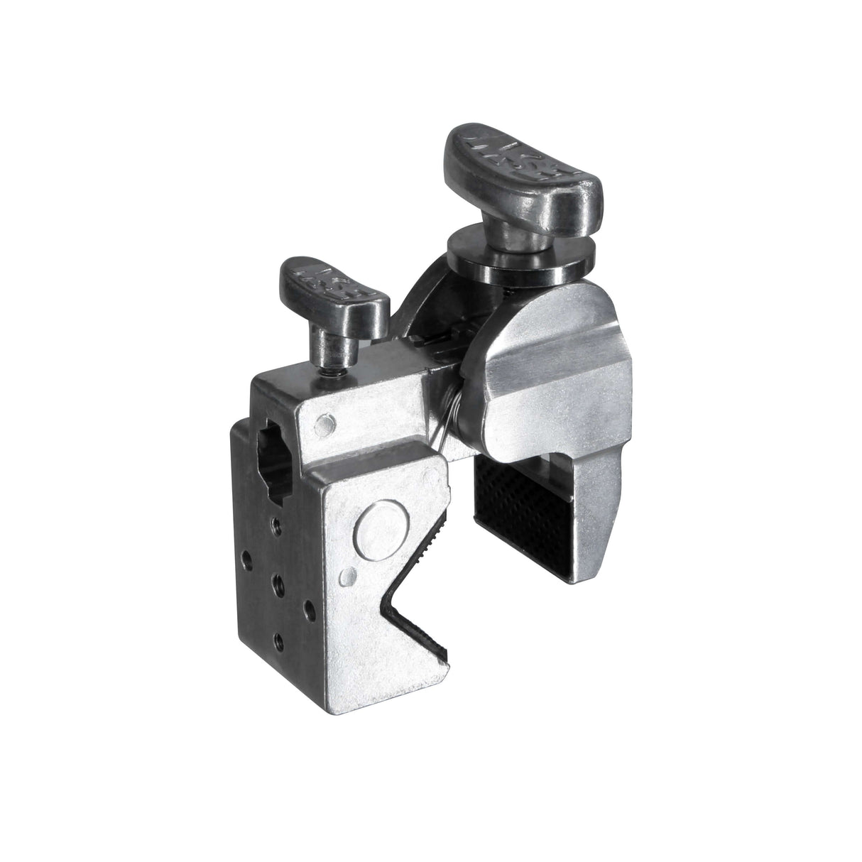 Super Mafer clamp designed for secure mounting on various surfaces with adjustable knobs for easy operation.