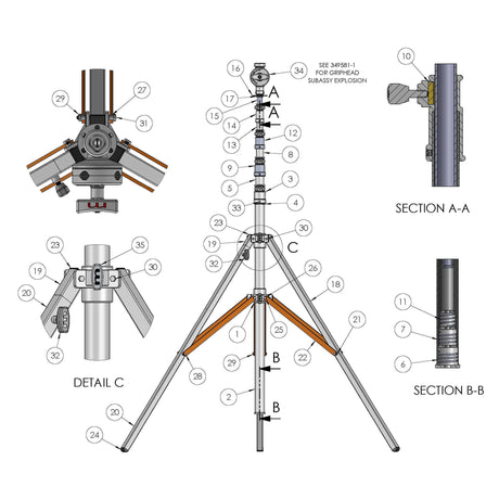 Detailed technical drawing of a tripod with labeled sections and components for assembly and operation.
