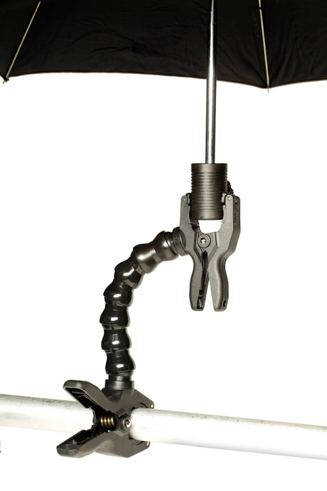 Black umbrella mounted on a flexible arm and clamp for versatile camera accessory setup.